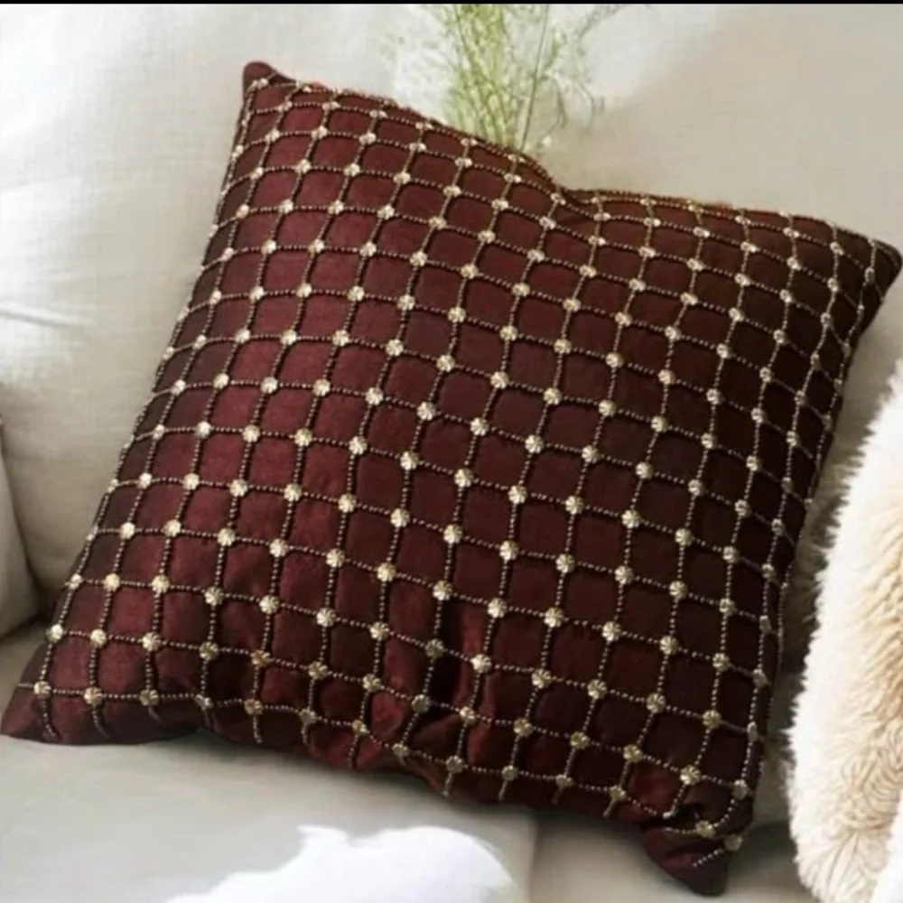 ✨ Pier 1 Imports Decorative Accent Pillow–Burgundy with Gold Beaded Grid NWT